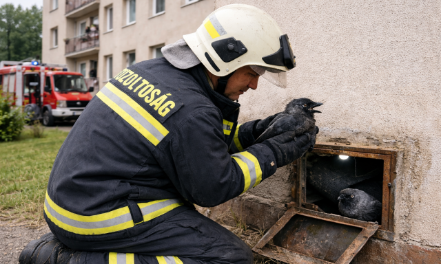 N&eacute;gy emeletes t&aacute;rsash&aacute;z szellőzőj&eacute;be esett k&eacute;t cs&oacute;ka Mosonmagyar&oacute;v&aacute;ron